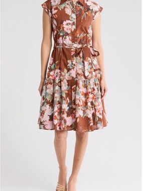 Calvin Klein Floral Tie-Waist Cap Sleeve Dress